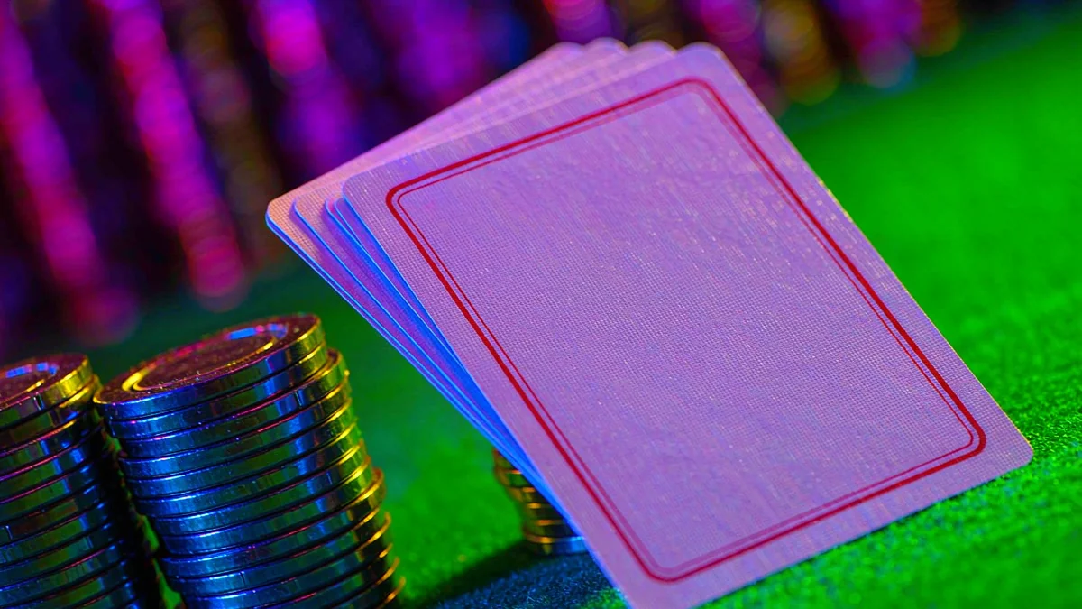 Face-down playing cards beside colorful casino chips